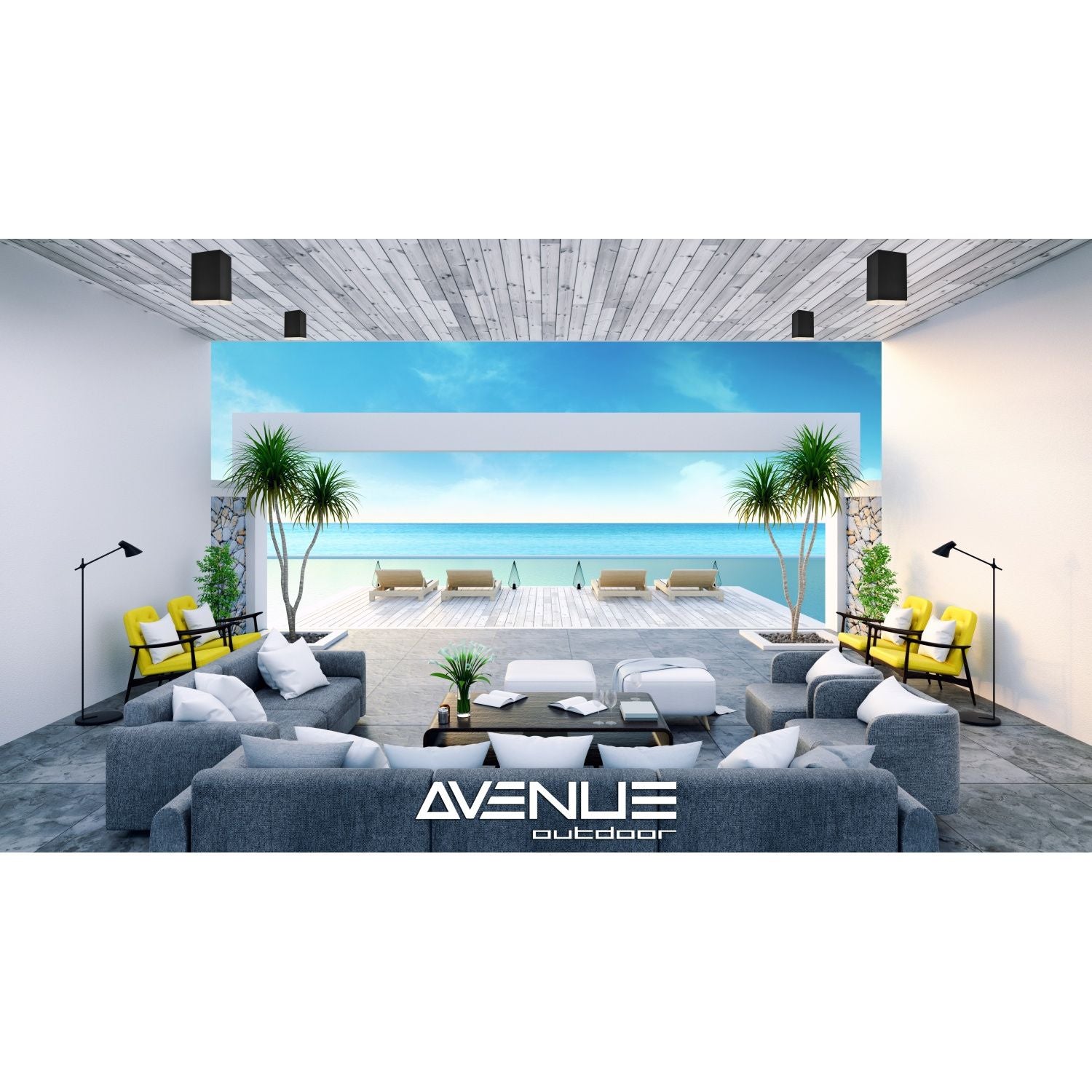 Avenue Outdoor LED Flushmount AV9888-BLK three-quarter angle — low-profile black disc showing shallow ceiling mount depth