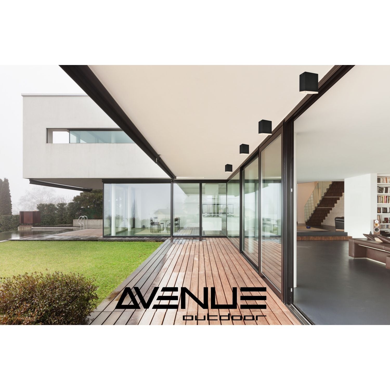 Avenue Outdoor LED Flushmount AV9889-BLK three-quarter angle — low-profile black disc showing shallow ceiling mount depth