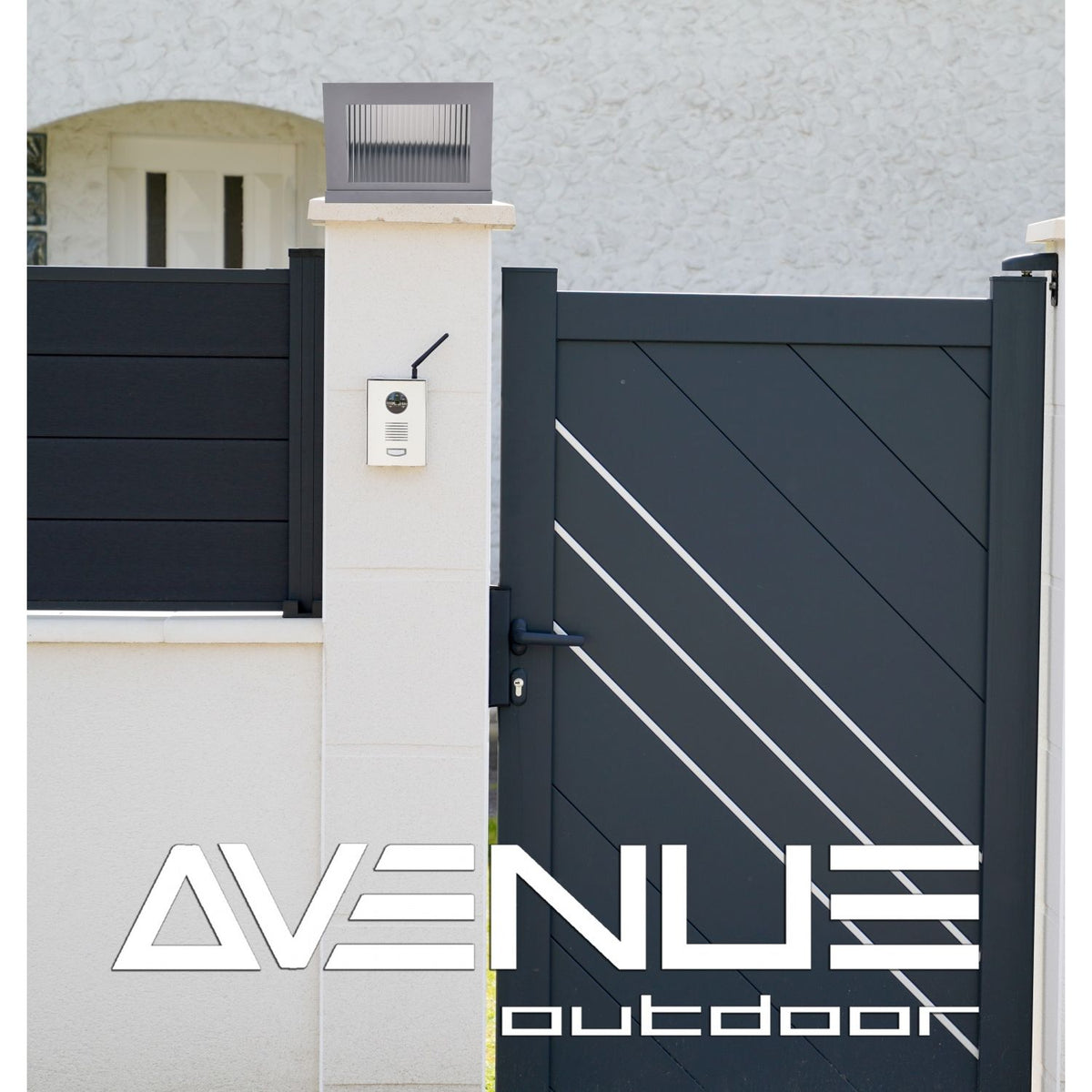 Avenue Outdoor LED Pillar Mount AV9904-SLV installed atop masonry pillar — silver cap with LED glowing downward, warm ambient light on pillar