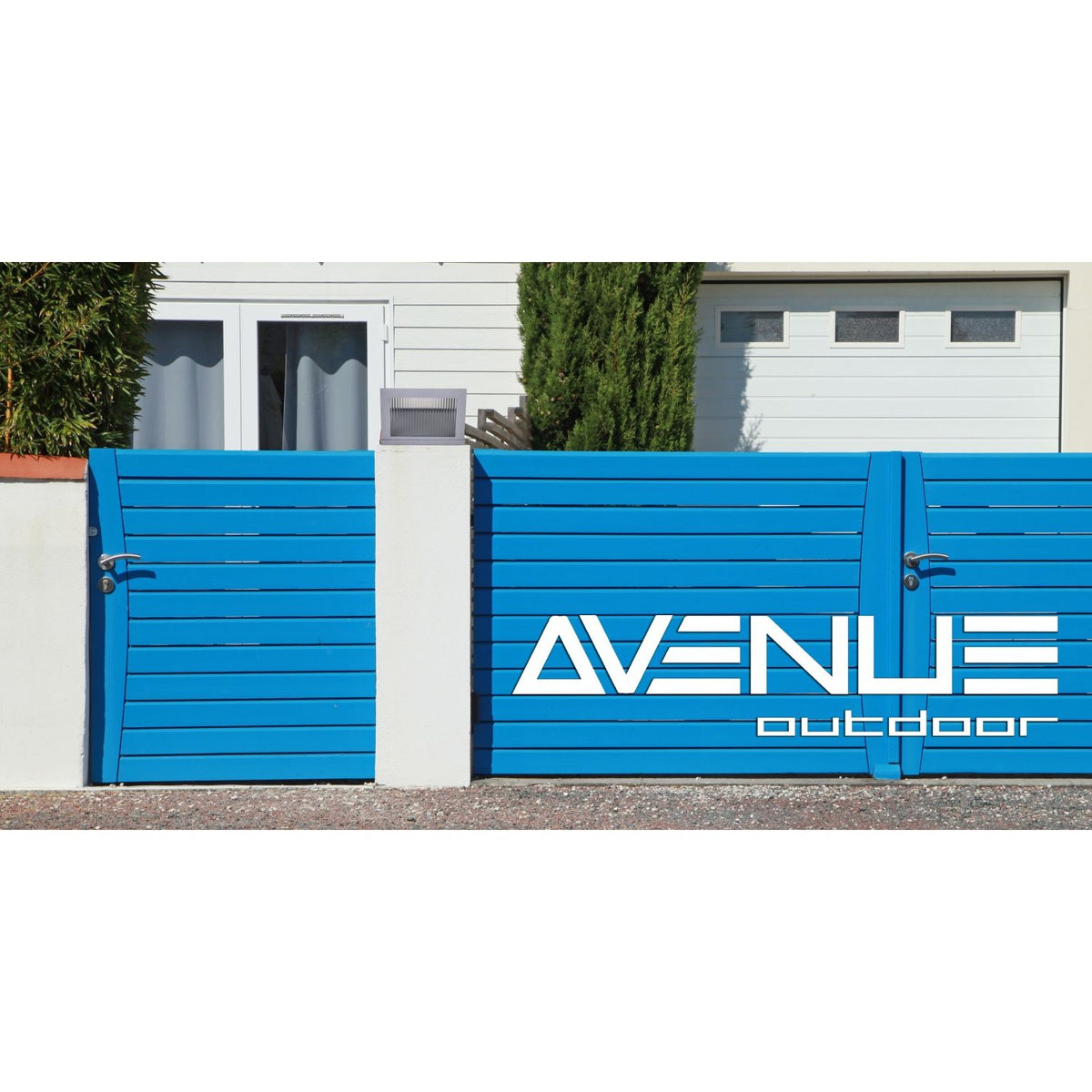 Avenue Outdoor LED Pillar Mount AV9905-SLV installed atop masonry pillar — silver cap with LED glowing downward, warm ambient light on pillar
