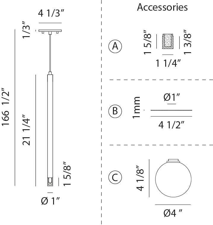 Matteo Lighting C63101 Reigndrop Pendant dimensions and accessories diagram