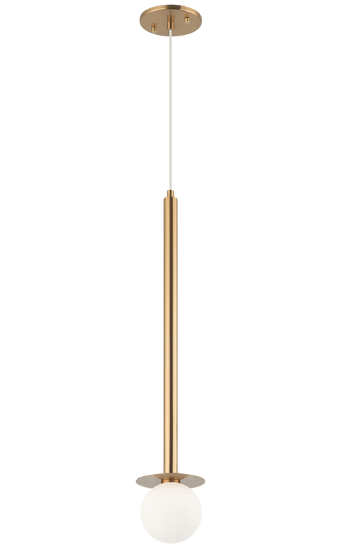 Matteo Lighting C63101AG Reigndrop Pendant in Aged Gold Brass with metal disc and opal globe