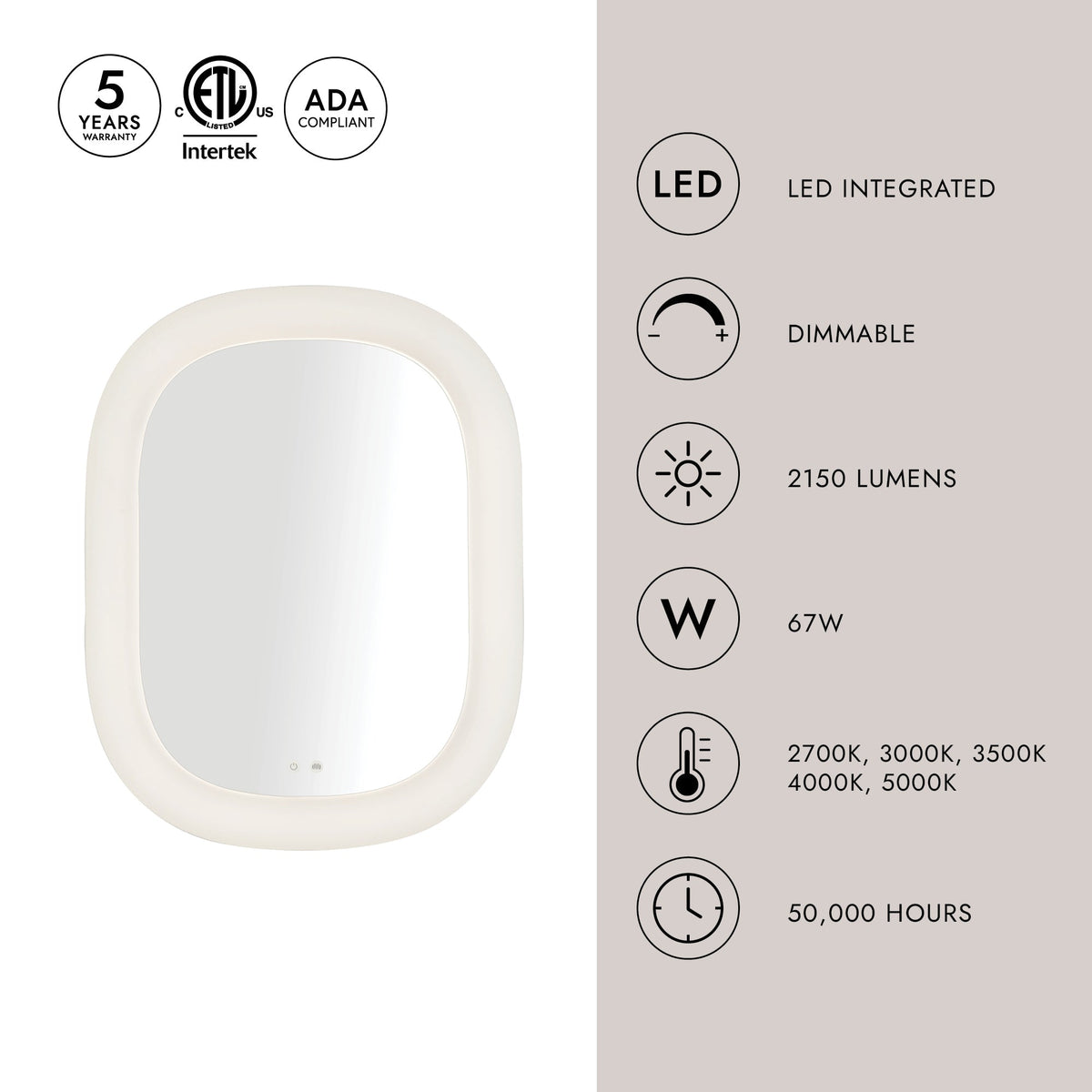 Miroir de courtoisie flottant à DEL Kuzco Lighting VM13837-WH-5CCT, blanc