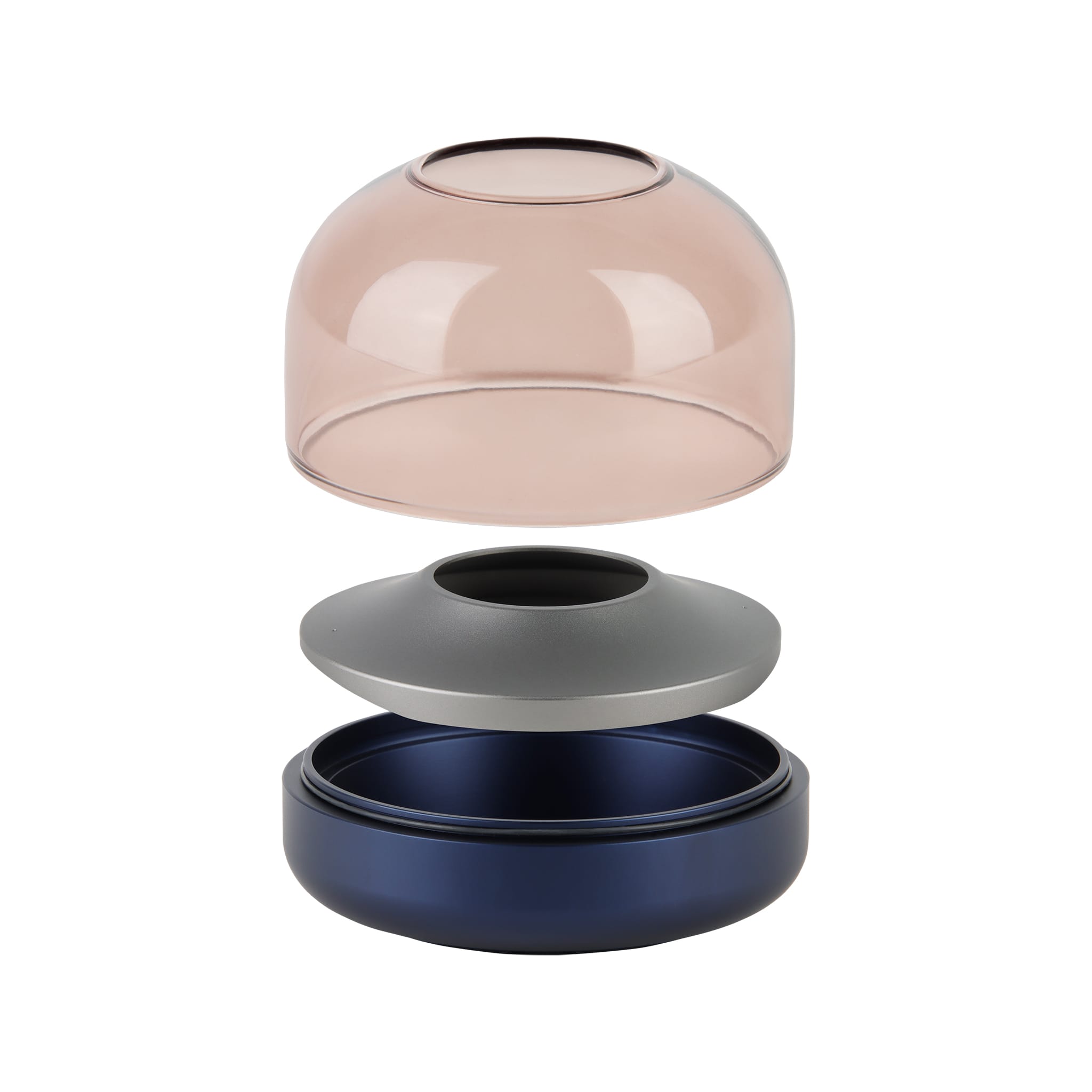 Glow 08 candle holder with pink glass dome, gray ring, and navy base (disassembled).