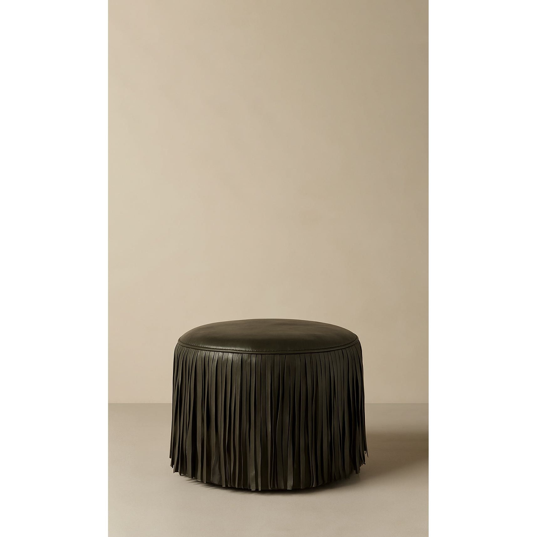 Dounia Home - DH-KORFRILEAOTTOLI-SM-GRN - Kora Fringe Leather Ottoman - Olive - Olive