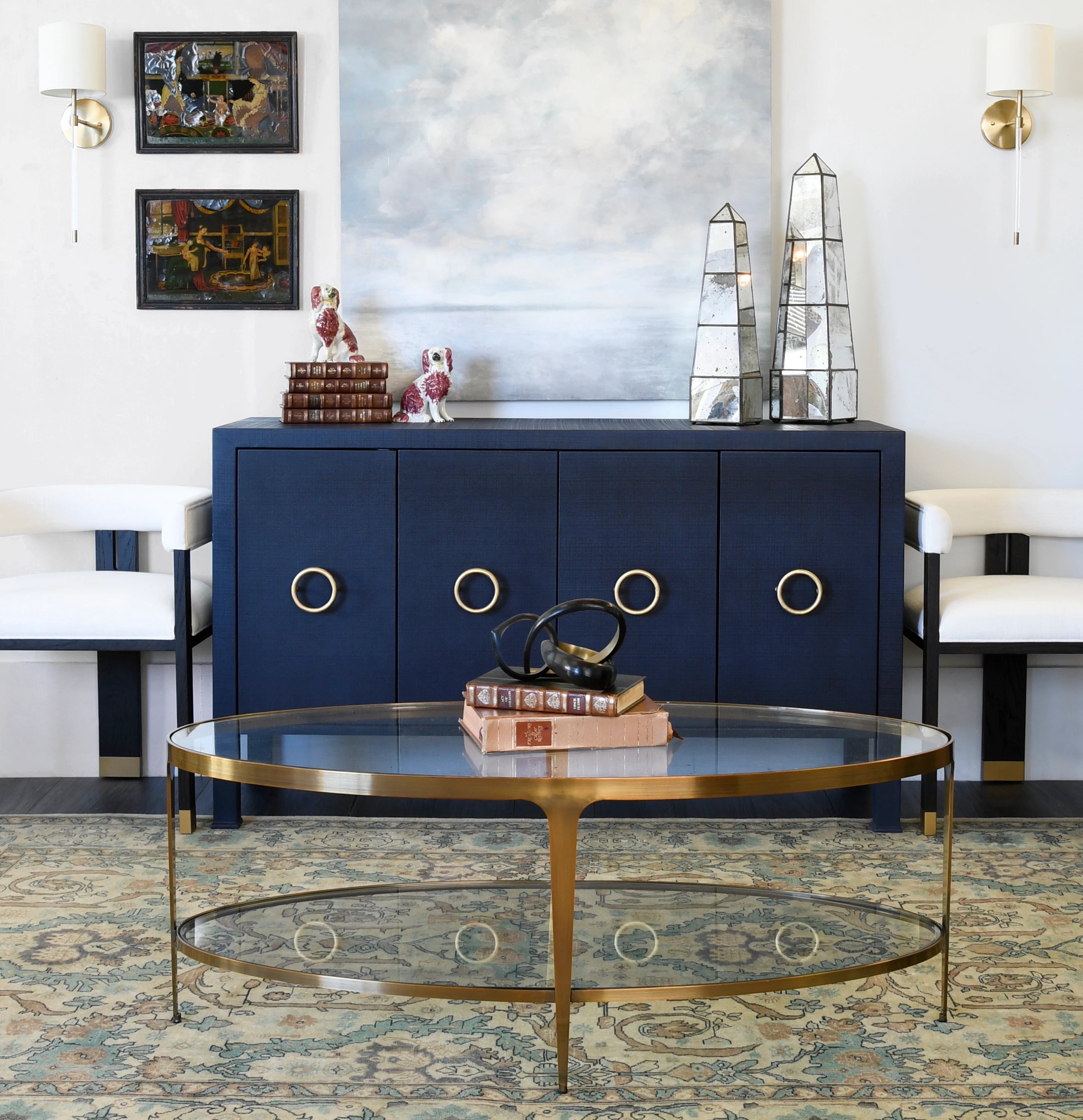 Worlds Away BRANDO ABR Brando Oval Coffee Table in Antique Brass, styled lifestyle view