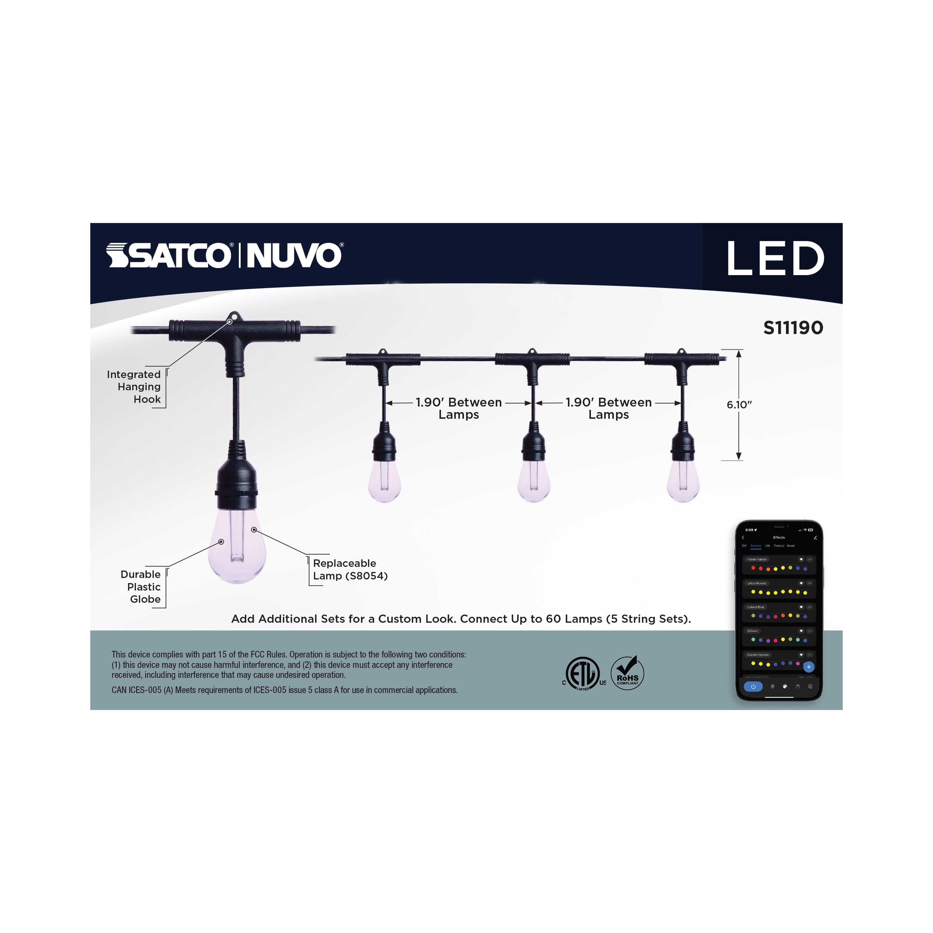 Guirlande lumineuse LED intelligente Satco Products S11190 Starfish de 7,3 m (24 pi) - 12 lumières - Intérieur/Extérieur