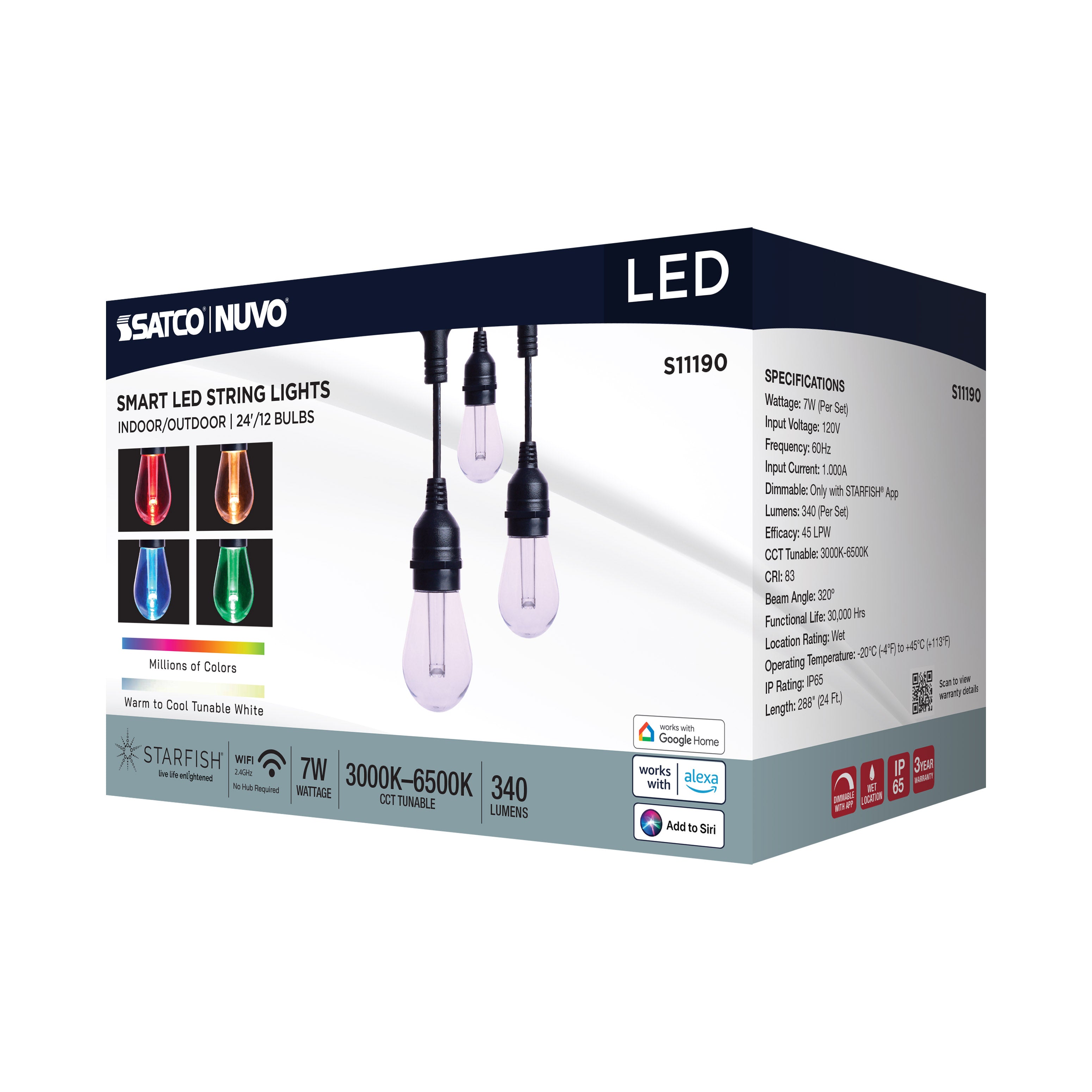 Guirlande lumineuse LED intelligente Satco Products S11190 Starfish de 7,3 m (24 pi) - 12 lumières - Intérieur/Extérieur