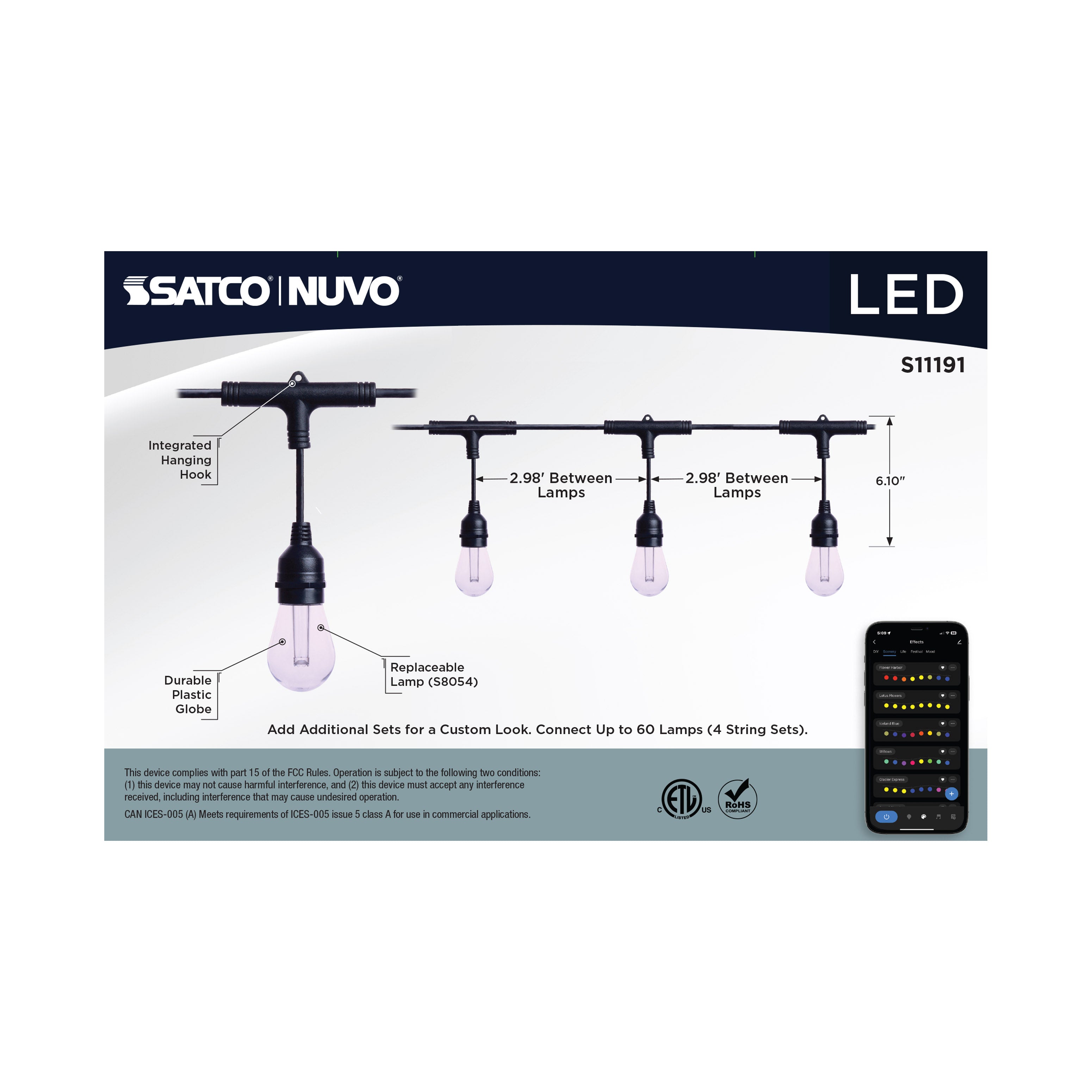 Guirlande lumineuse LED intelligente Starfish de Satco Products S11191 (14,6 m - 15 lumières) - Intérieur/Extérieur