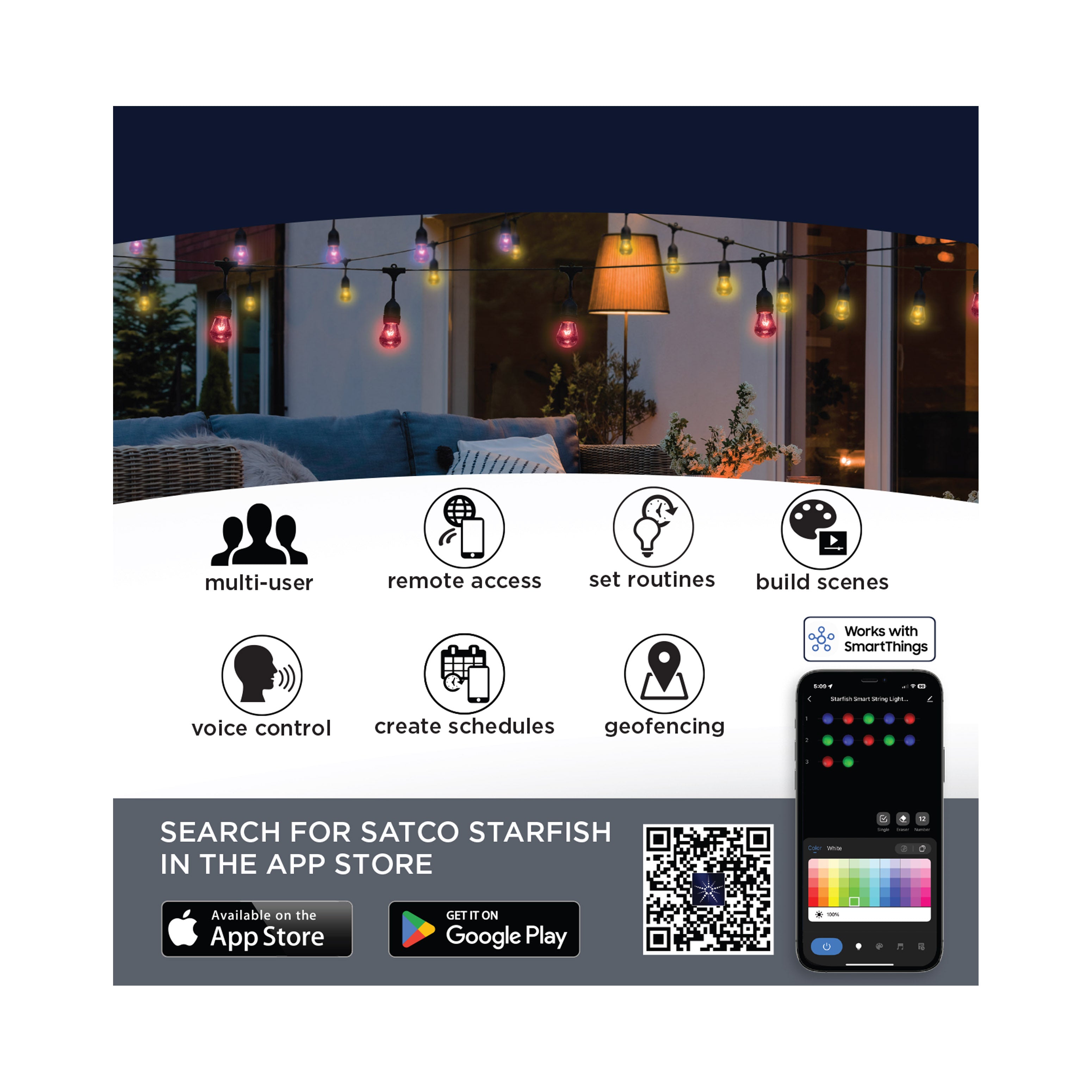Guirlande lumineuse LED intelligente Starfish de Satco Products S11191 (14,6 m - 15 lumières) - Intérieur/Extérieur