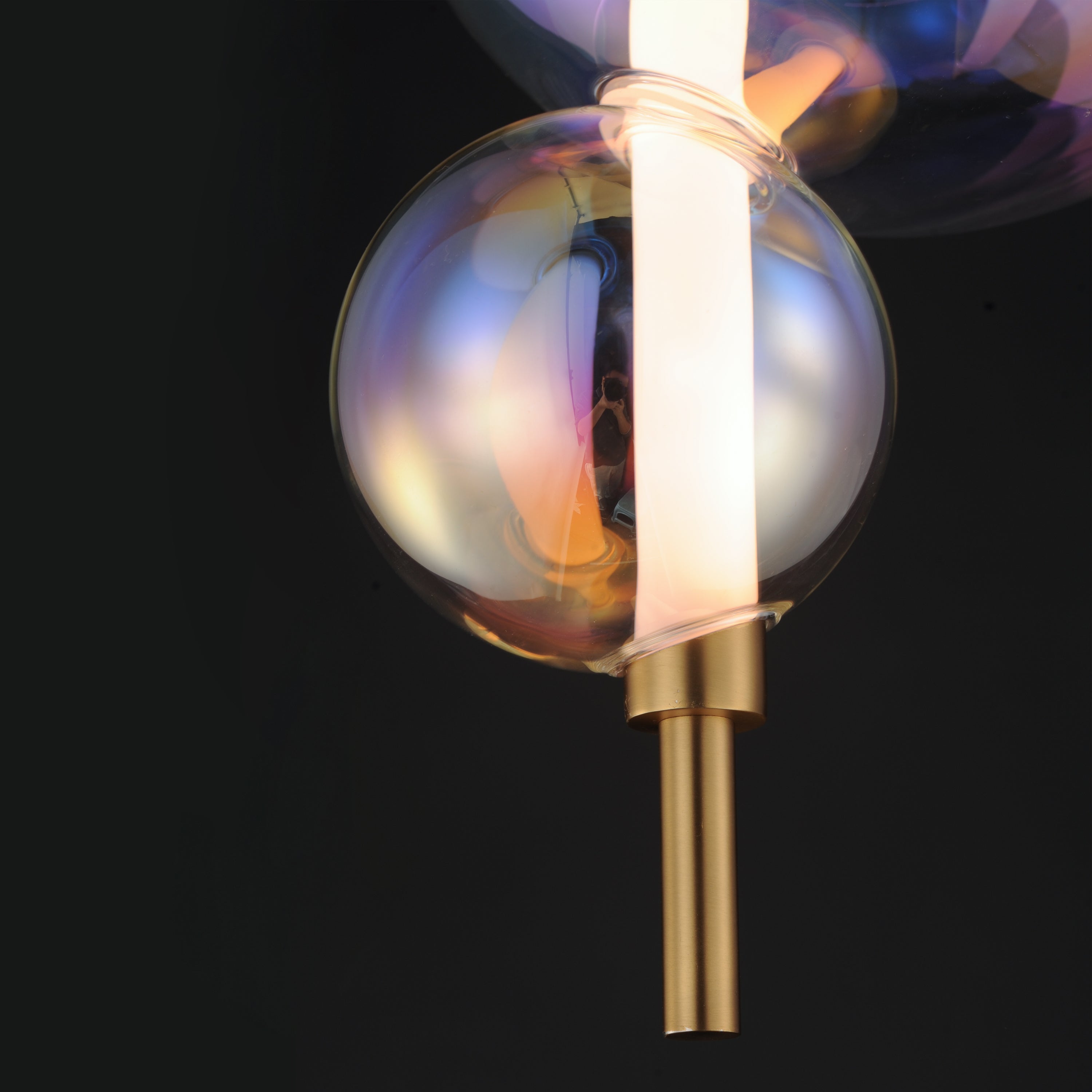 Studio M Lighting SM24932IRNAB Dreamer Pendant in Natural Aged Brass with Iridescent glass, installed lifestyle view