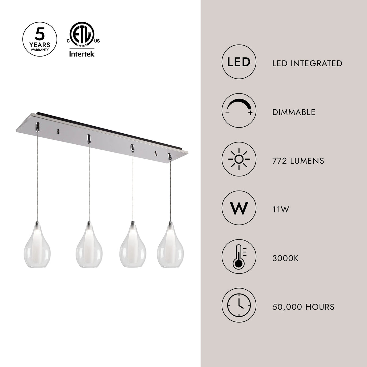 Kuzco Lighting MP3005CH-04 Victoria LED Linéaire Multi Suspension dans Chrome