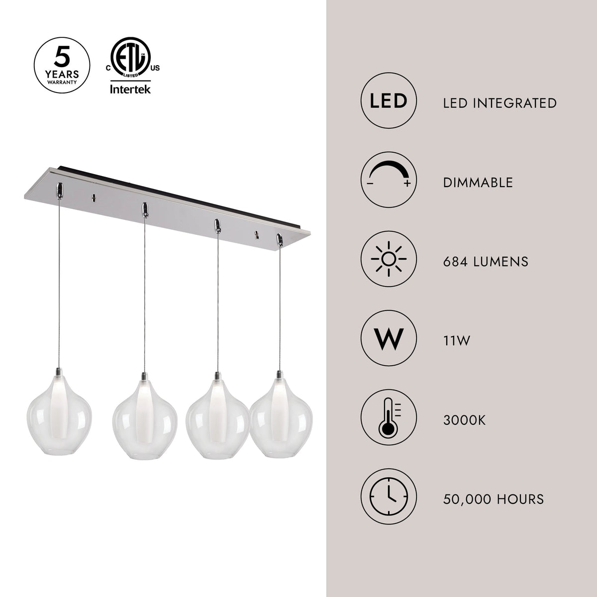 Kuzco Lighting MP3007CH-04 Victoria LED Linéaire Multi Suspension dans Chrome