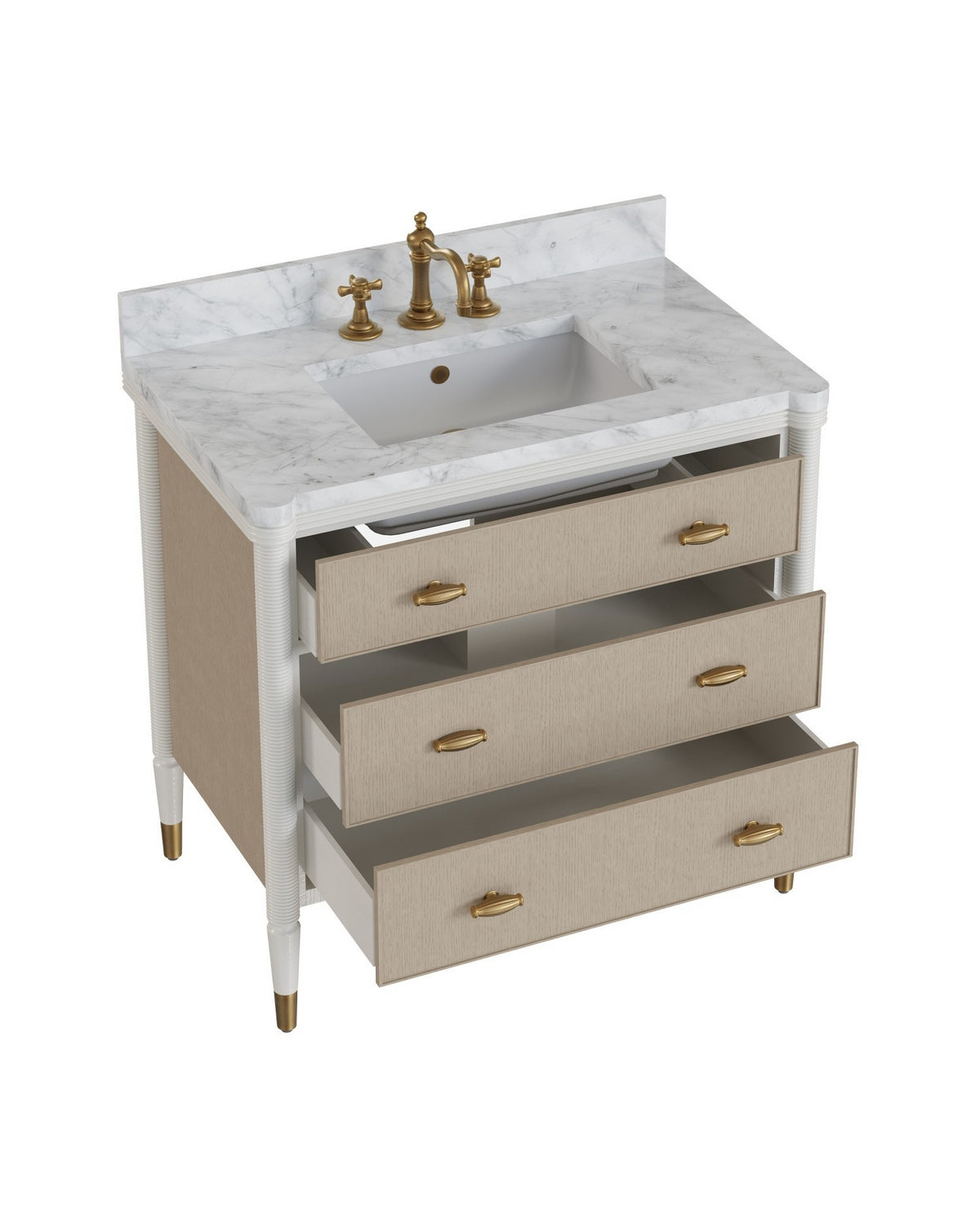 Meuble-lavabo Currey and Company 3800-0018 Aster 36 po avec lavabo rectangulaire encastré, coloris blanc cassé/brouillard/naturel/blanc/laiton poli
