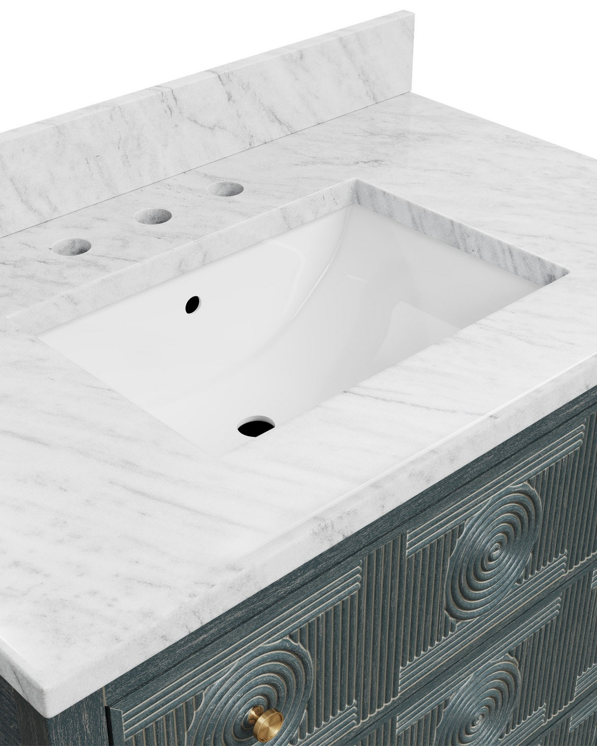Meuble-lavabo Currey and Company 3800-0019 Santos 36 po avec lavabo rectangulaire encastré, finitions bleu marine vintage, naturel, blanc, laiton brossé et nickel poli.