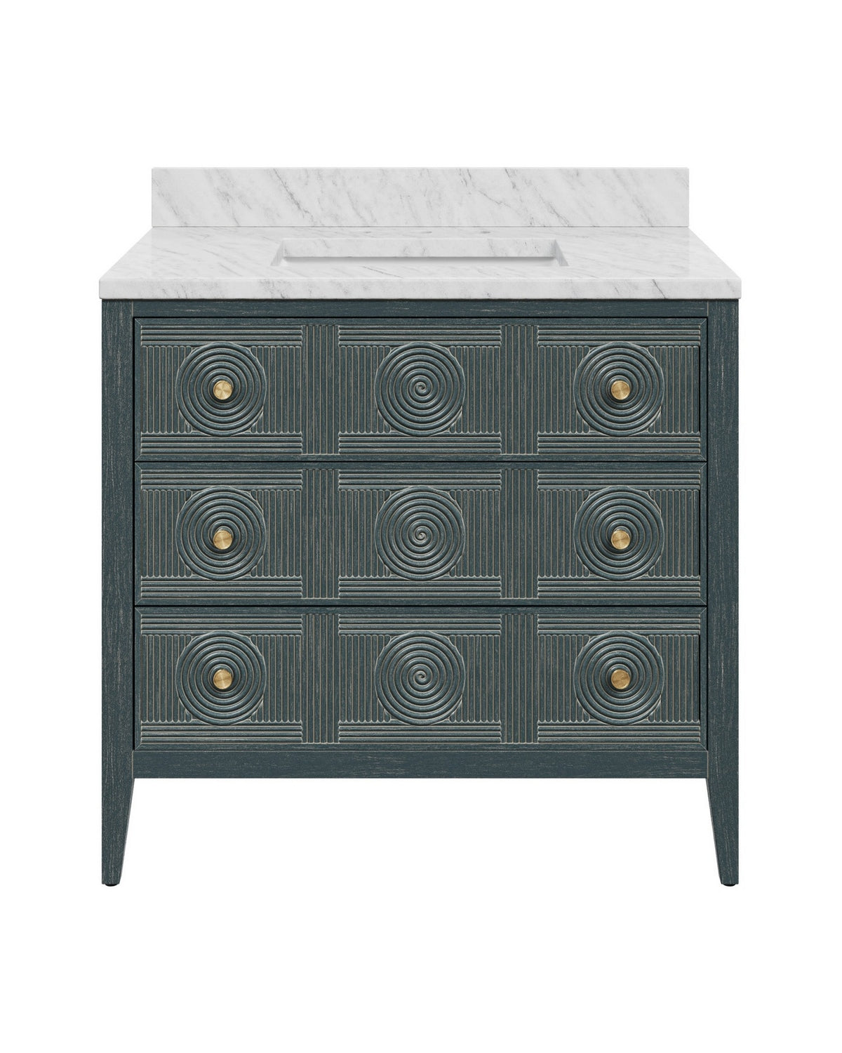 Meuble-lavabo Currey and Company 3800-0019 Santos 36 po avec lavabo rectangulaire encastré, finitions bleu marine vintage, naturel, blanc, laiton brossé et nickel poli.