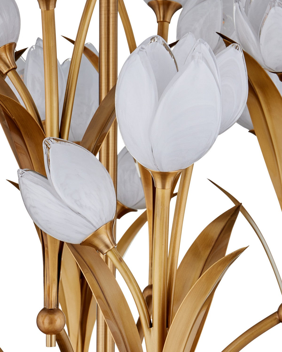 Currey and Company 9000-1475 Glazen Tulpen Chandelier in Polished Antique Brass/White