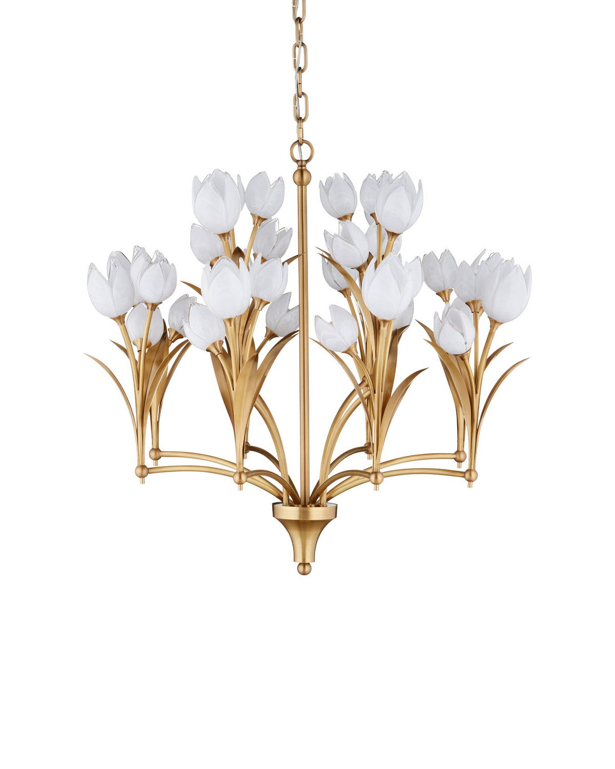 Currey and Company 9000-1475 Glazen Tulpen Chandelier in Polished Antique Brass/White