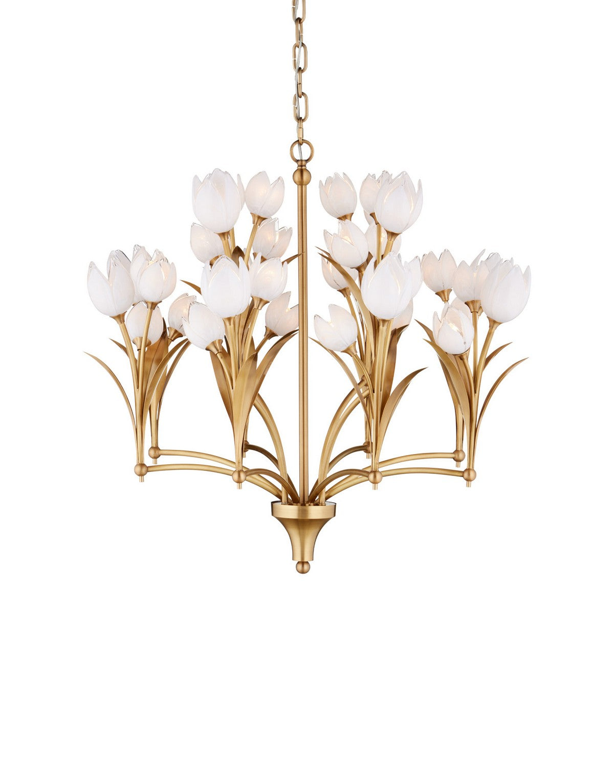 Currey and Company 9000-1475 Glazen Tulpen Chandelier in Polished Antique Brass/White
