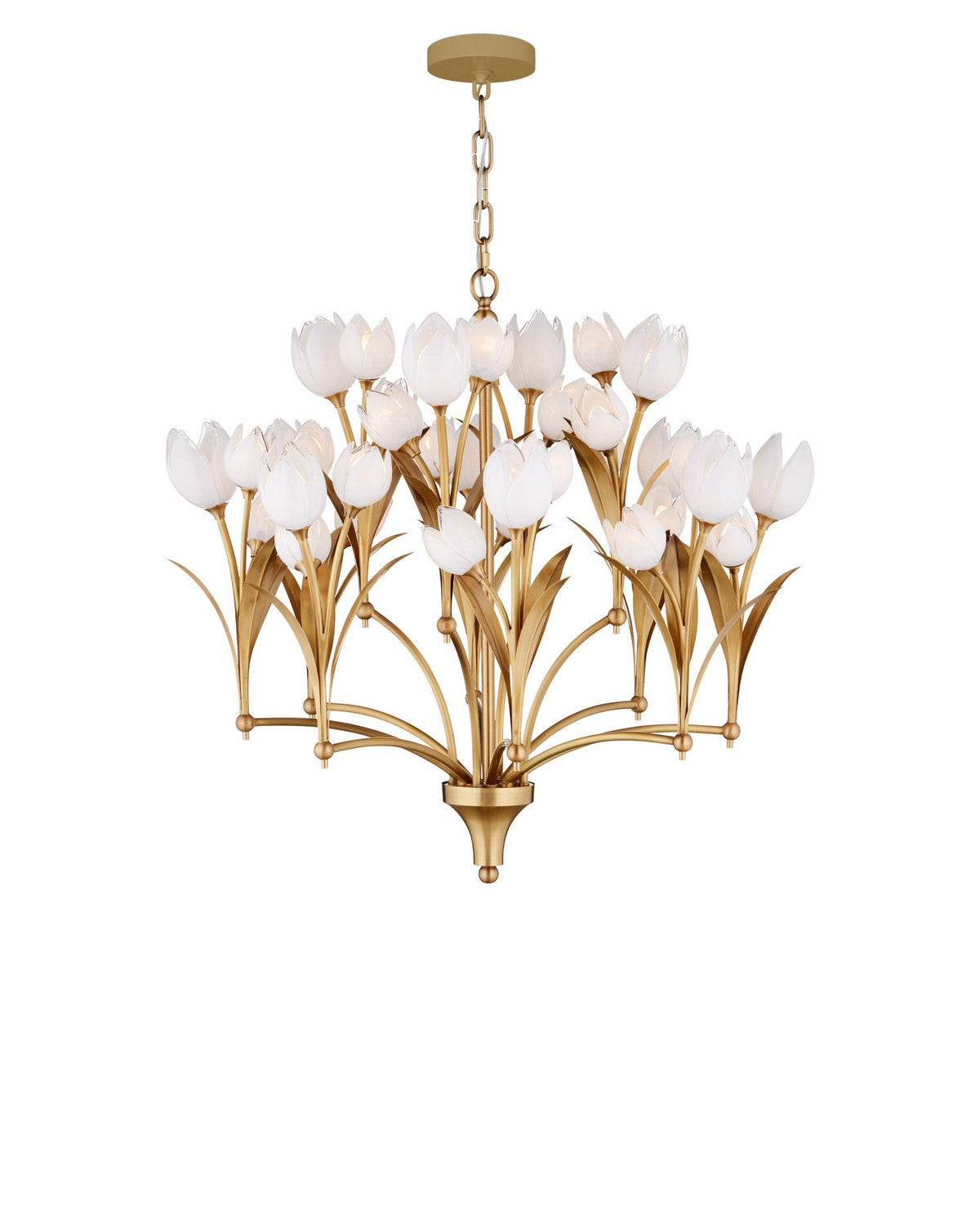 Currey and Company 9000-1475 Glazen Tulpen Chandelier in Polished Antique Brass/White