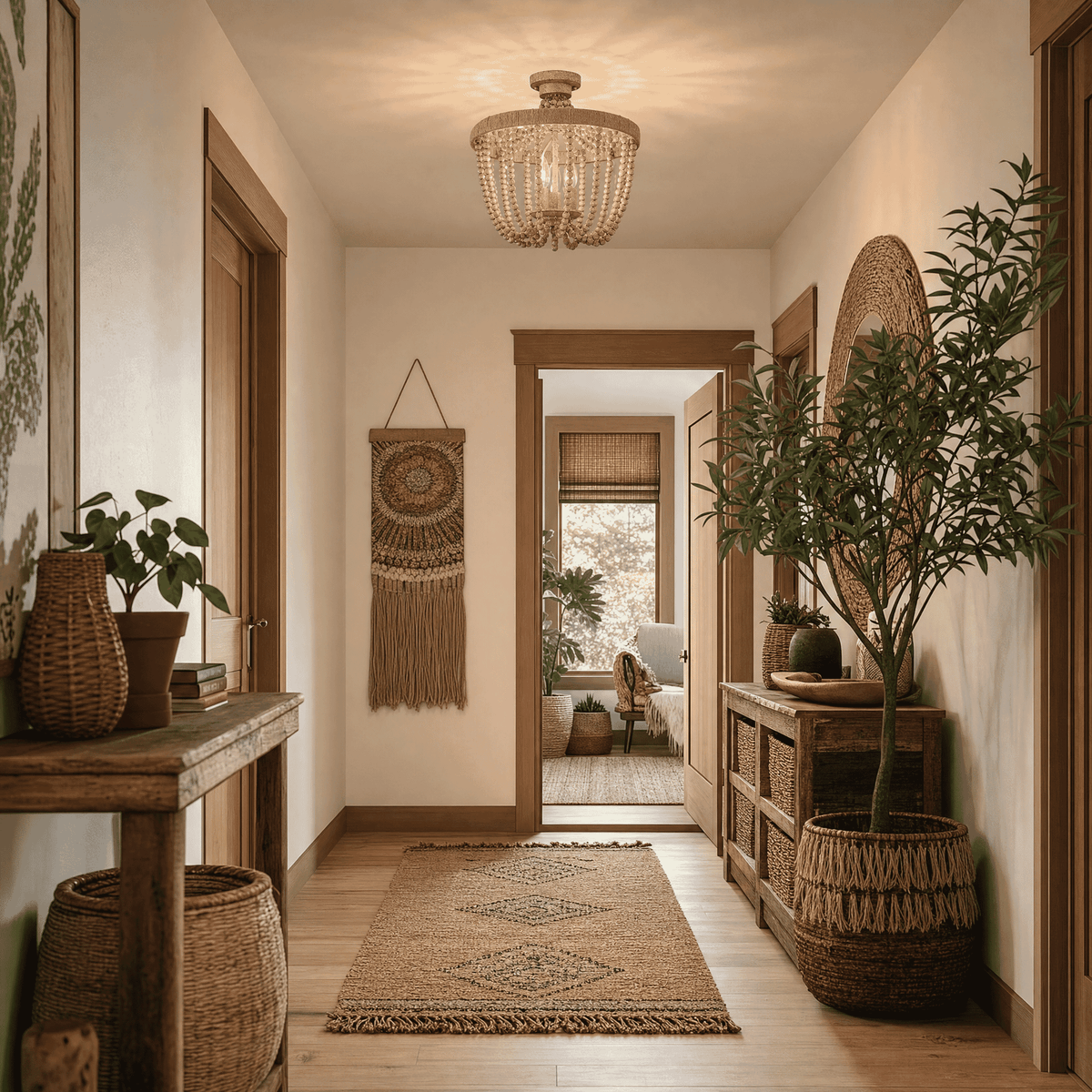 Plafonnier Meridian Lighting M60002-97 à trois lumières en bois naturel avec corde