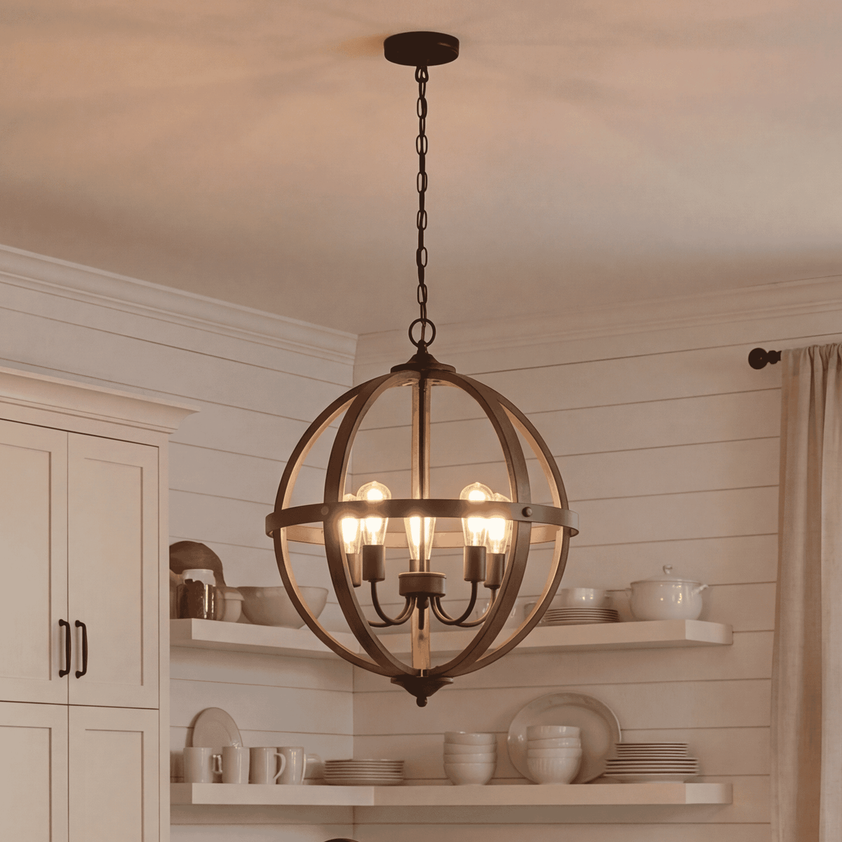 Meridian Lighting M70041WB Meridian Five Light Chandelier in Wood with Black