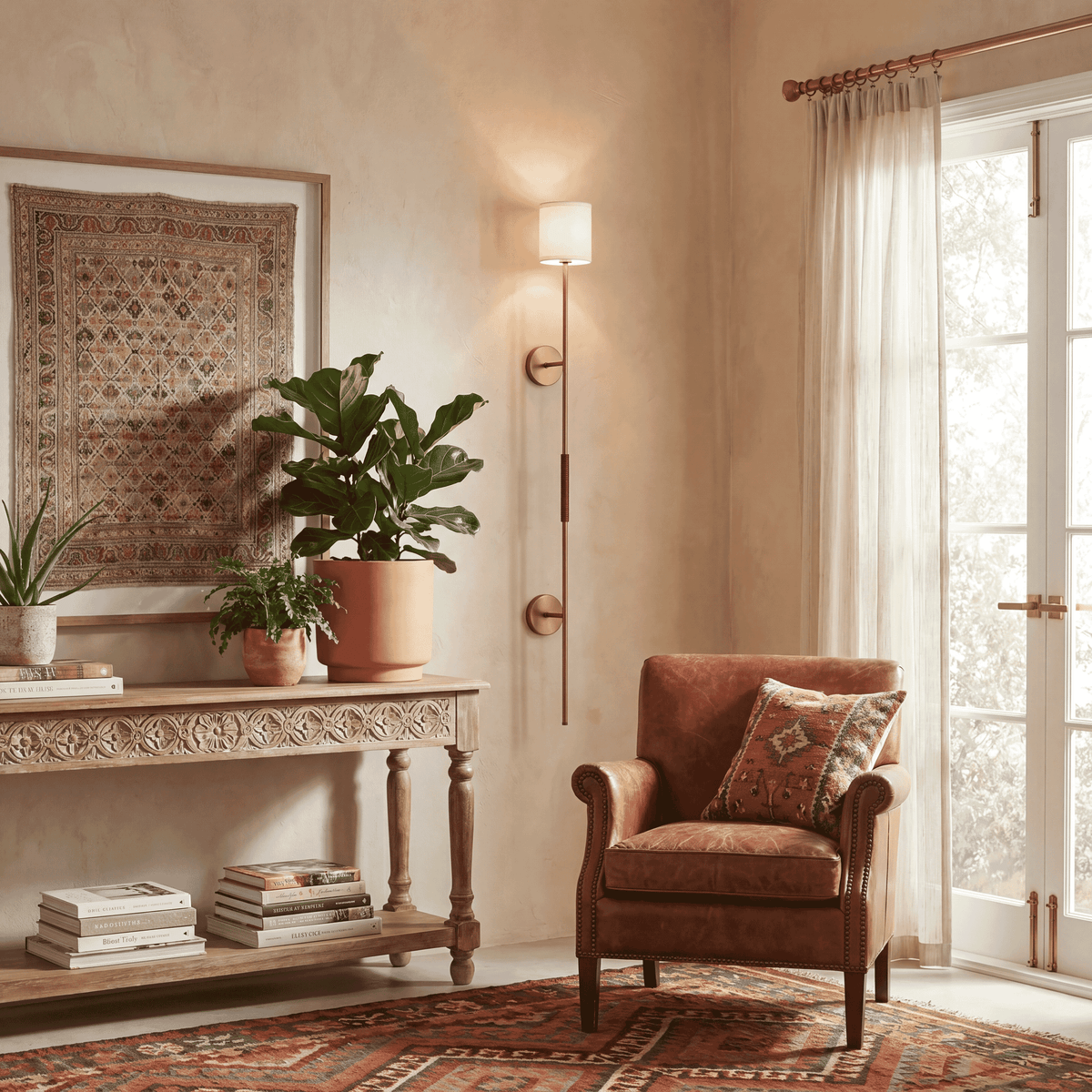 Meridian Lighting M90063NB Meridian One Light Plug-In Wall Sconce in Natural Brass with Leather Accent