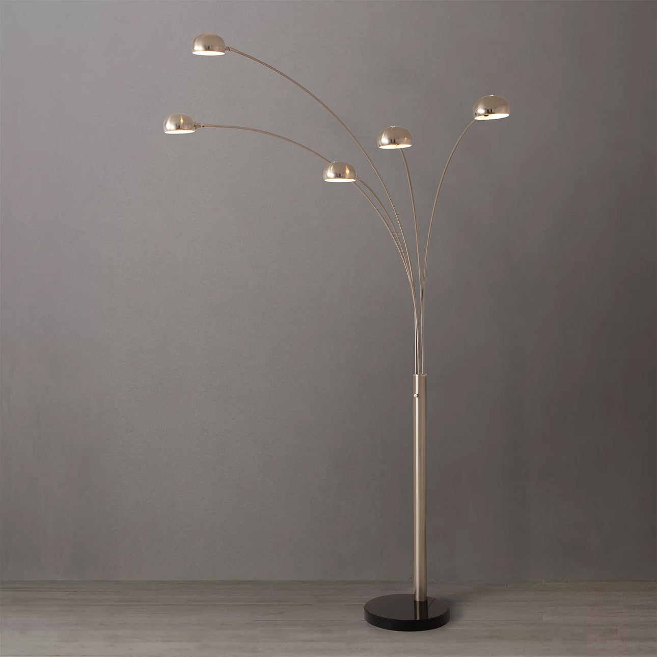 Lampe sur pied arquée à 5 lumières Nova of California 4035SN Original 1961, en nickel satiné/noir