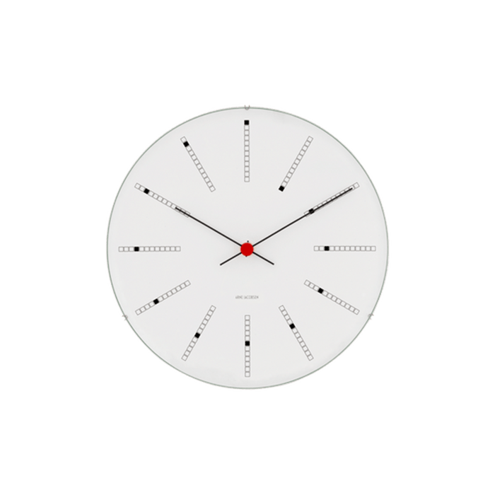 Horloge murale Arne Jacobsen Clocks 43620, modèle banquier, blanc/noir/rouge