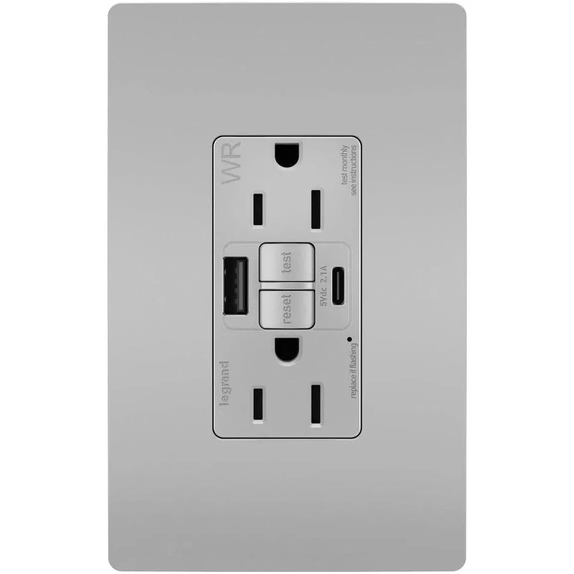 Legrand Radiant - radiant® 15A Tamper Resistant Outdoor Self Test GFCI USB Type A/C Outlet - 1597TRWRUSBACGRY | Montreal Lighting & Hardware