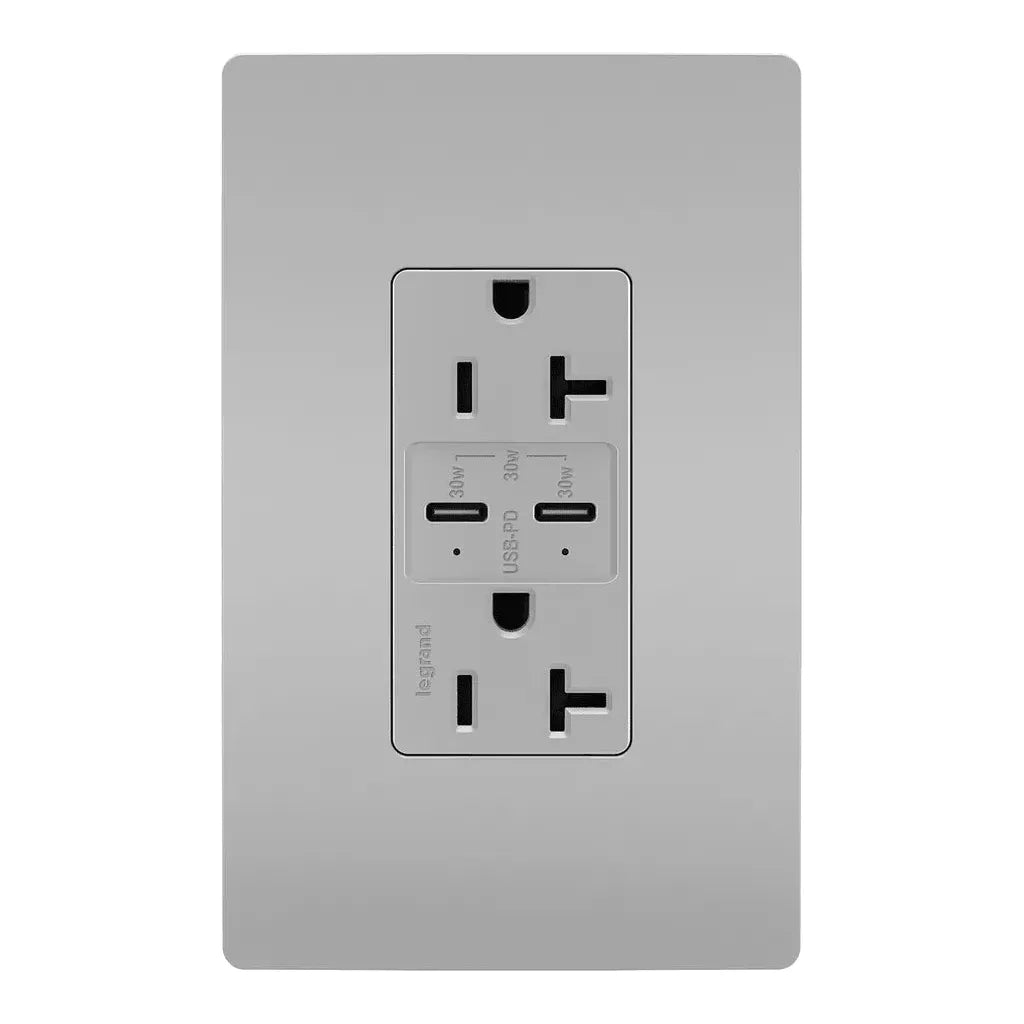 Legrand Radiant - radiant® 20A Tamper Resistant Ultra Fast PLUS Power Delivery USB Type C/C Outlet - TR20USBPDGRY | Montreal Lighting & Hardware