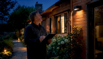 Homeowner inspecting outdoor dark sky lighting fixture