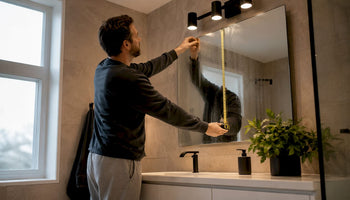 Person measuring vanity mirror width in bathroom
