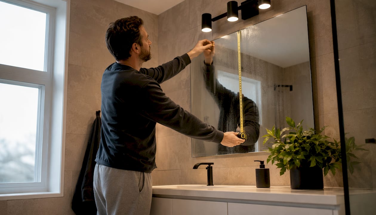 Person measuring vanity mirror width in bathroom