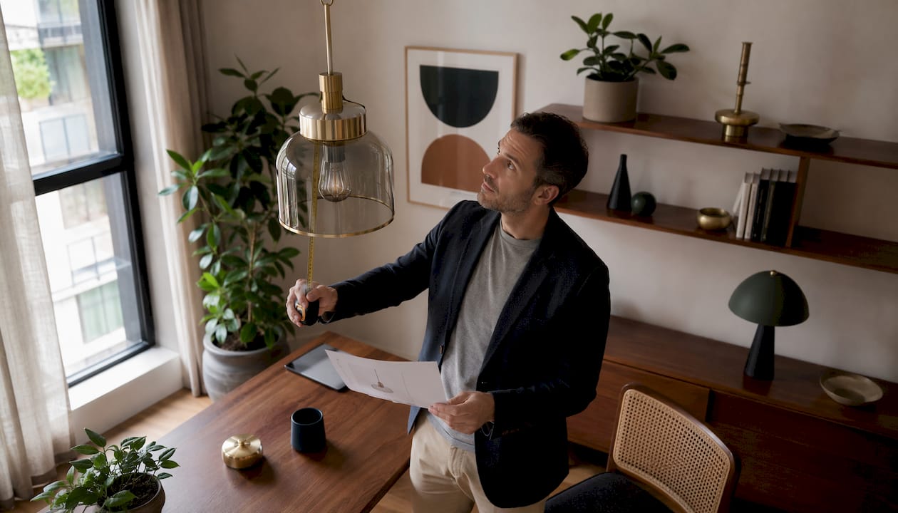 Man measuring Sputnik chandelier in modern living room