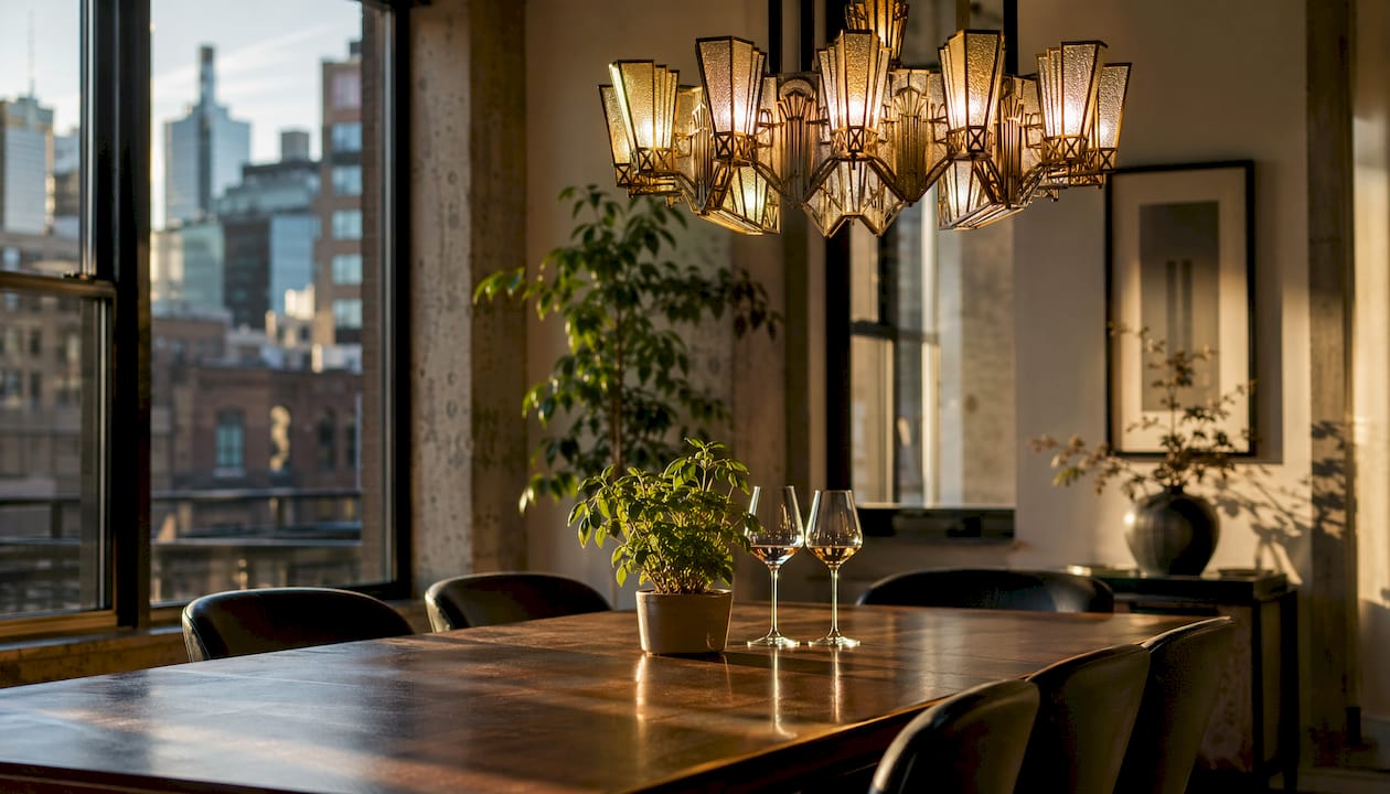 Art Deco chandelier in bright dining room