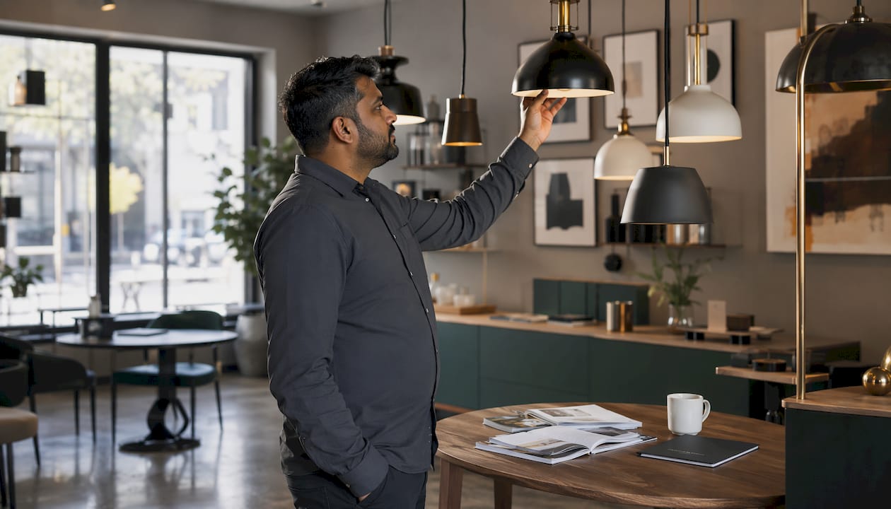 Man browsing lighting store showroom