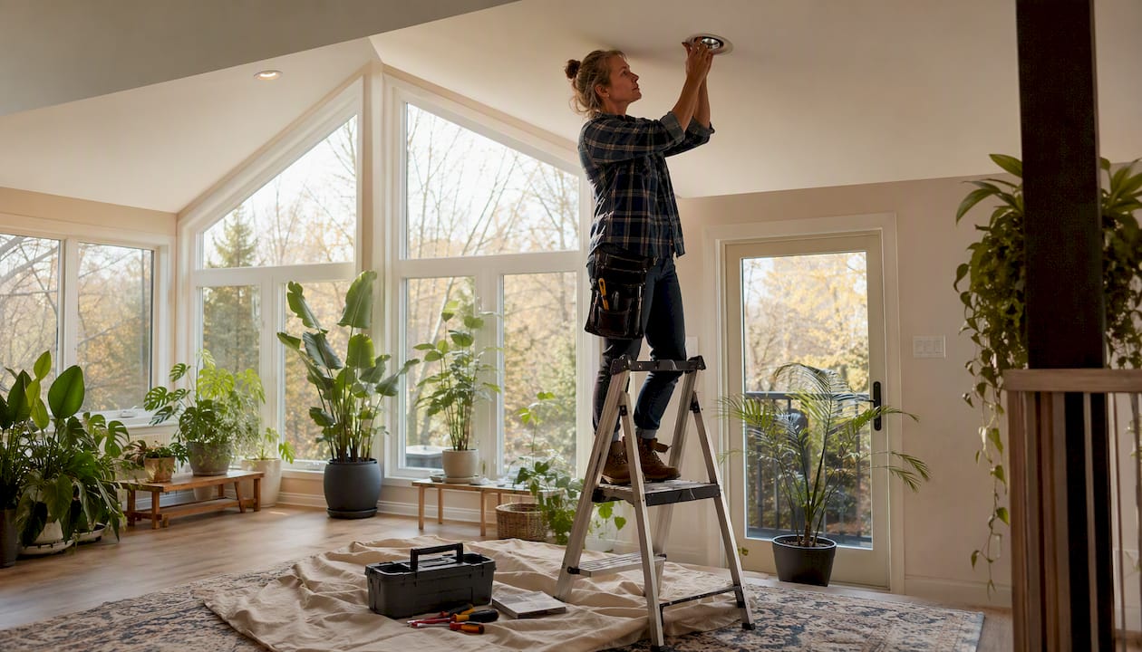 Woman installing recessed light on vaulted ceiling