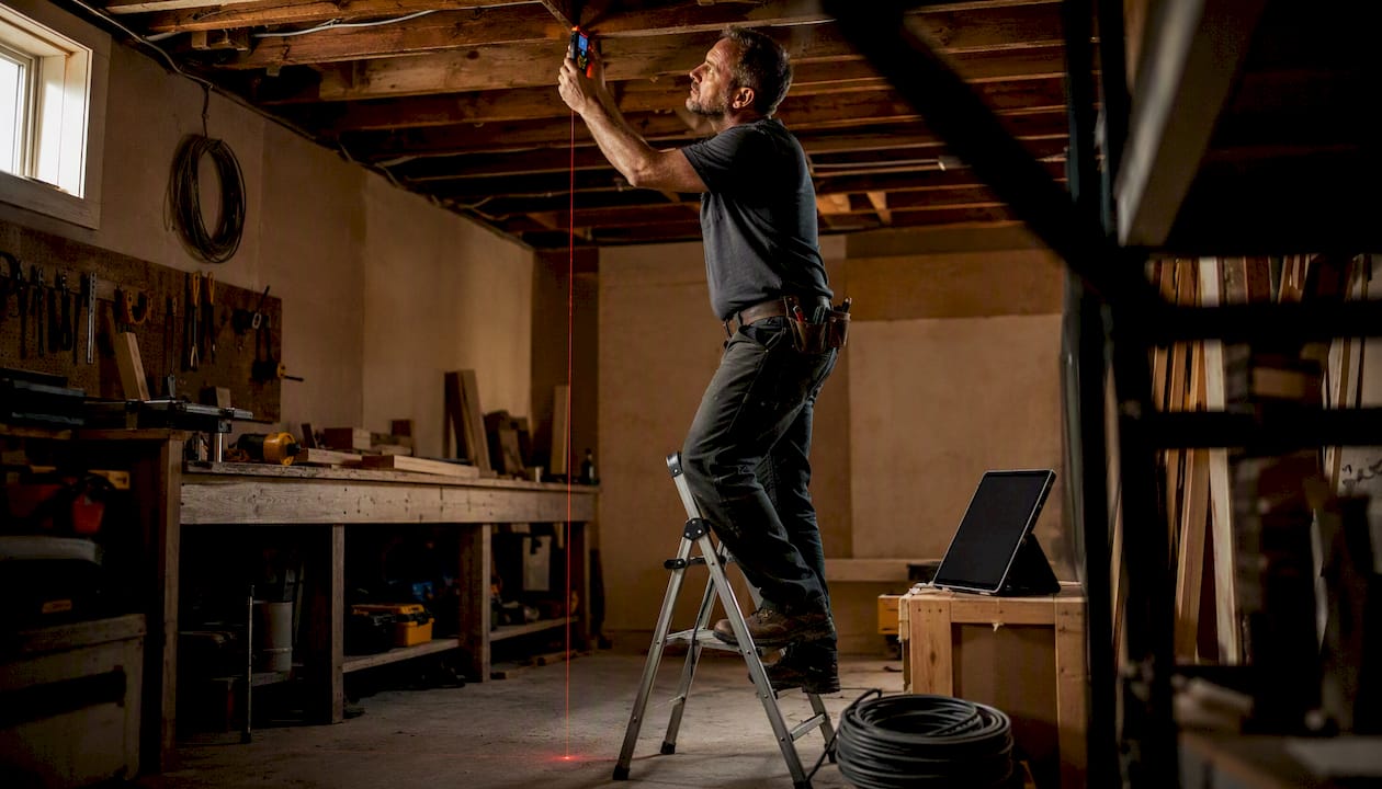 Electrician measuring ceiling for recessed lighting layout