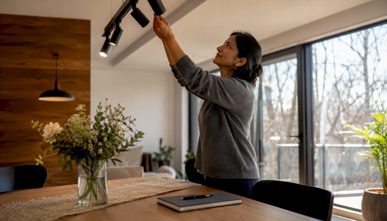 Woman adjusting modern kitchen track lighting