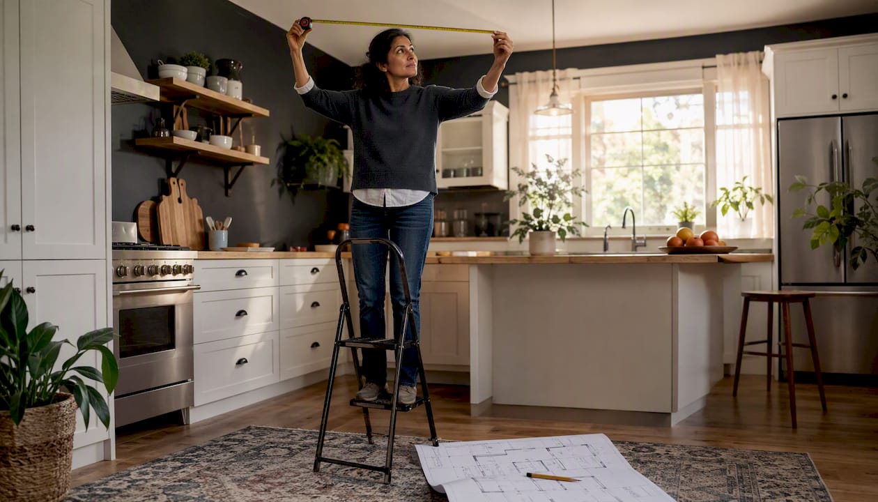 Woman measuring room for chandelier sizing
