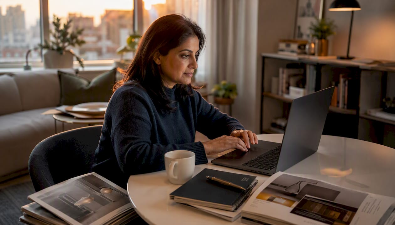 Woman browsing Canadian lighting websites