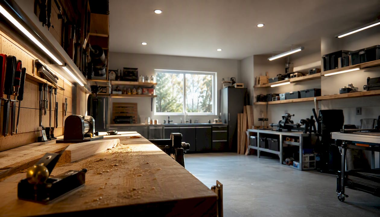 Garage interior with layered LED lighting