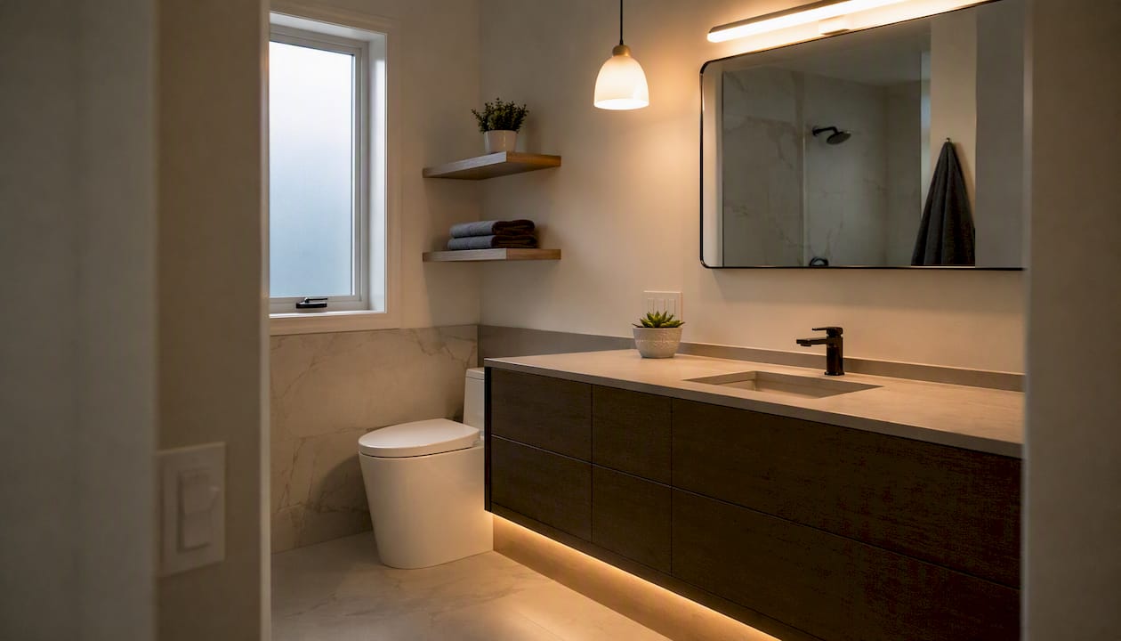 Layered lighting in a small modern bathroom interior