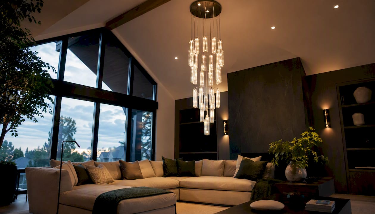 Vaulted ceiling with layered lighting fixtures