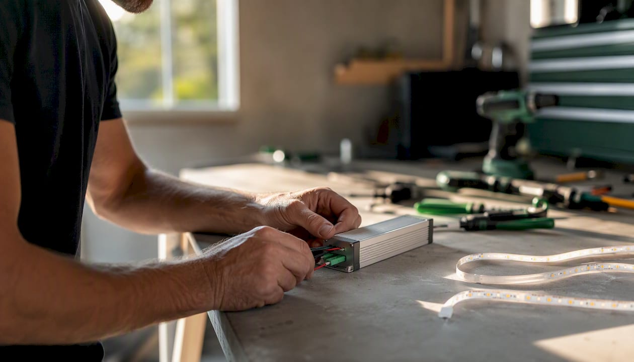 Electrician wiring LED driver terminals