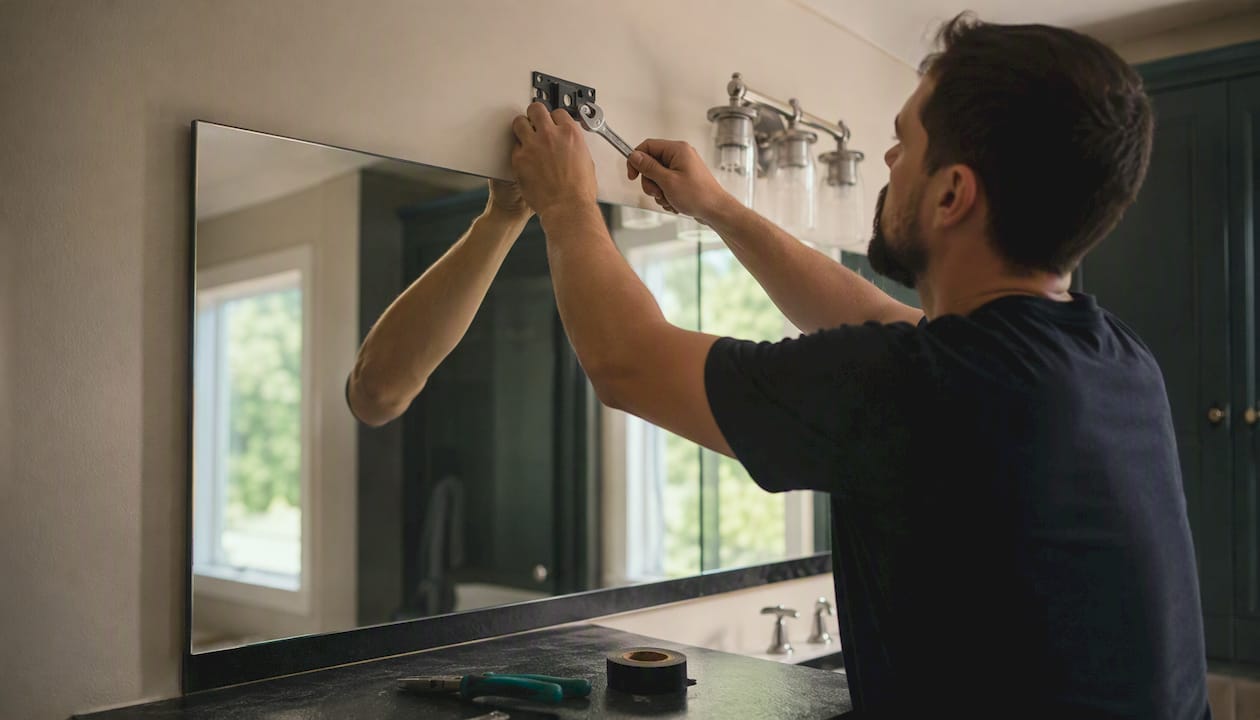 Hands installing vanity light above bathroom mirror
