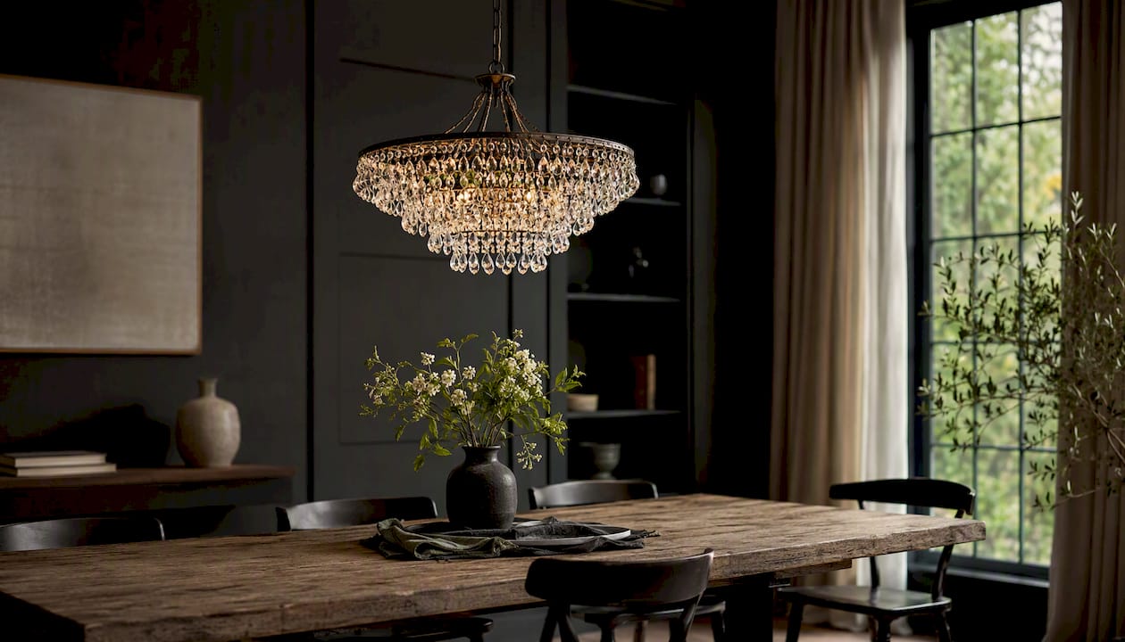 Chandelier hanging at proper height above dining table