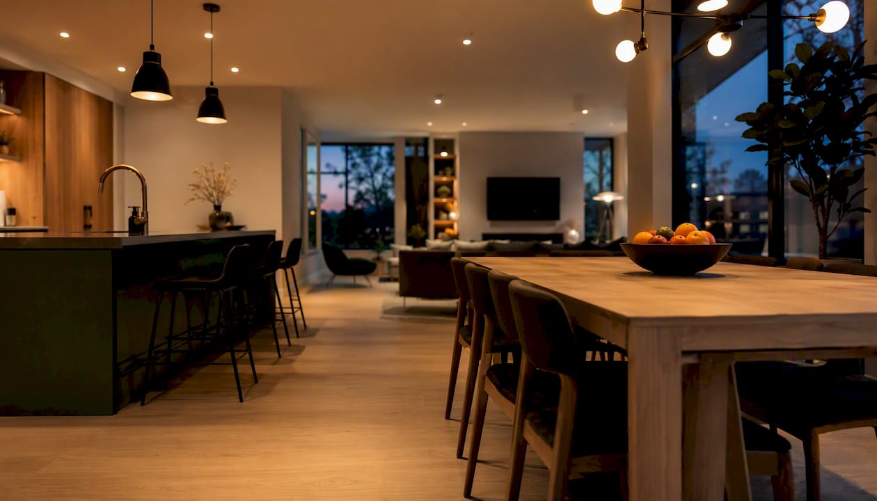 Dusk-lit modern home interior with layered lighting