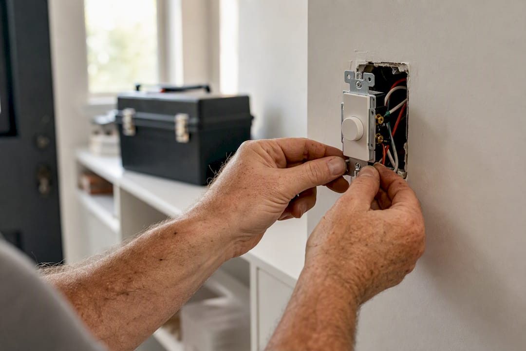Hands wiring LED dimmer switch in home